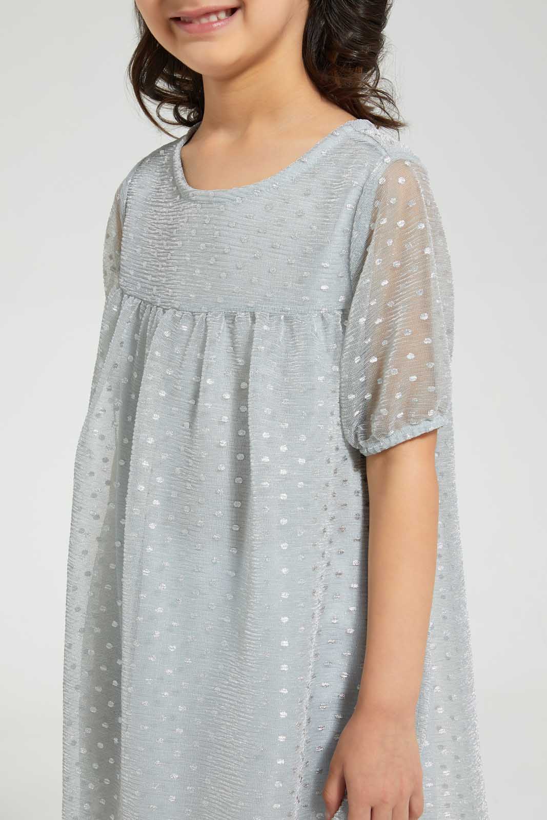 Redtag-Grey-Foil-Printed-Dress-Dresses-Girls-2 to 8 Years