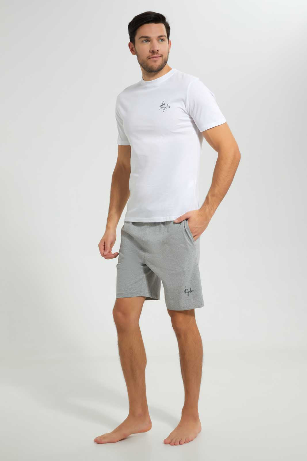 Redtag-White-With-Grey-Short-Pyjama-Set-Pyjama-Sets-Men's-