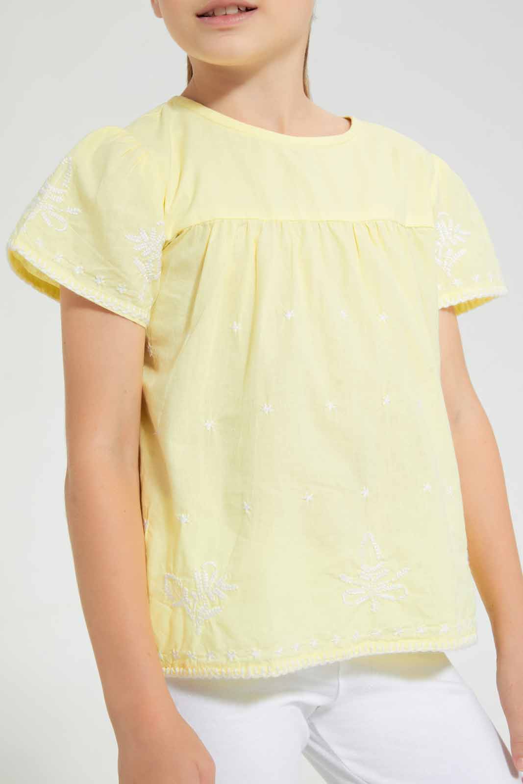 Redtag-Yellow-Embroidered-Blouse-Blouses-Girls-2 to 8 Years
