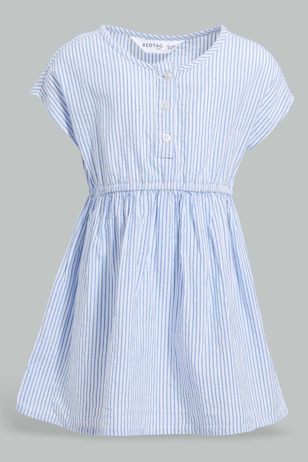 Redtag-Blue-Seesucker-Elasticated-Dress-With-Front-Buttons-Dresses-Infant-Girls-3 to 24 Months