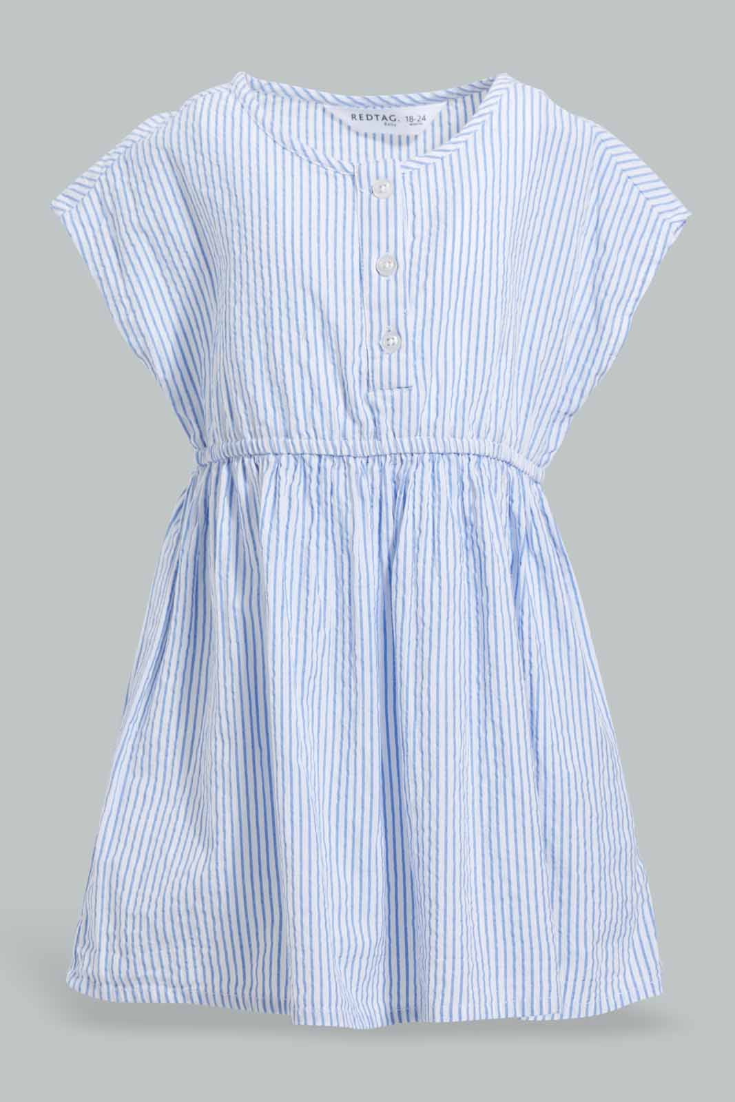 Redtag-Blue-Seesucker-Elasticated-Dress-With-Front-Buttons-Dresses-Infant-Girls-3 to 24 Months