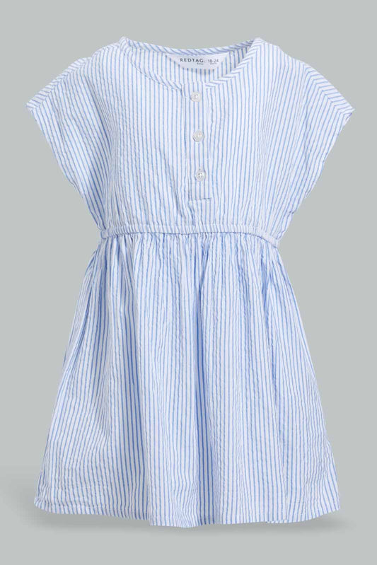 Redtag-Blue-Seesucker-Elasticated-Dress-With-Front-Buttons-Dresses-Infant-Girls-3 to 24 Months