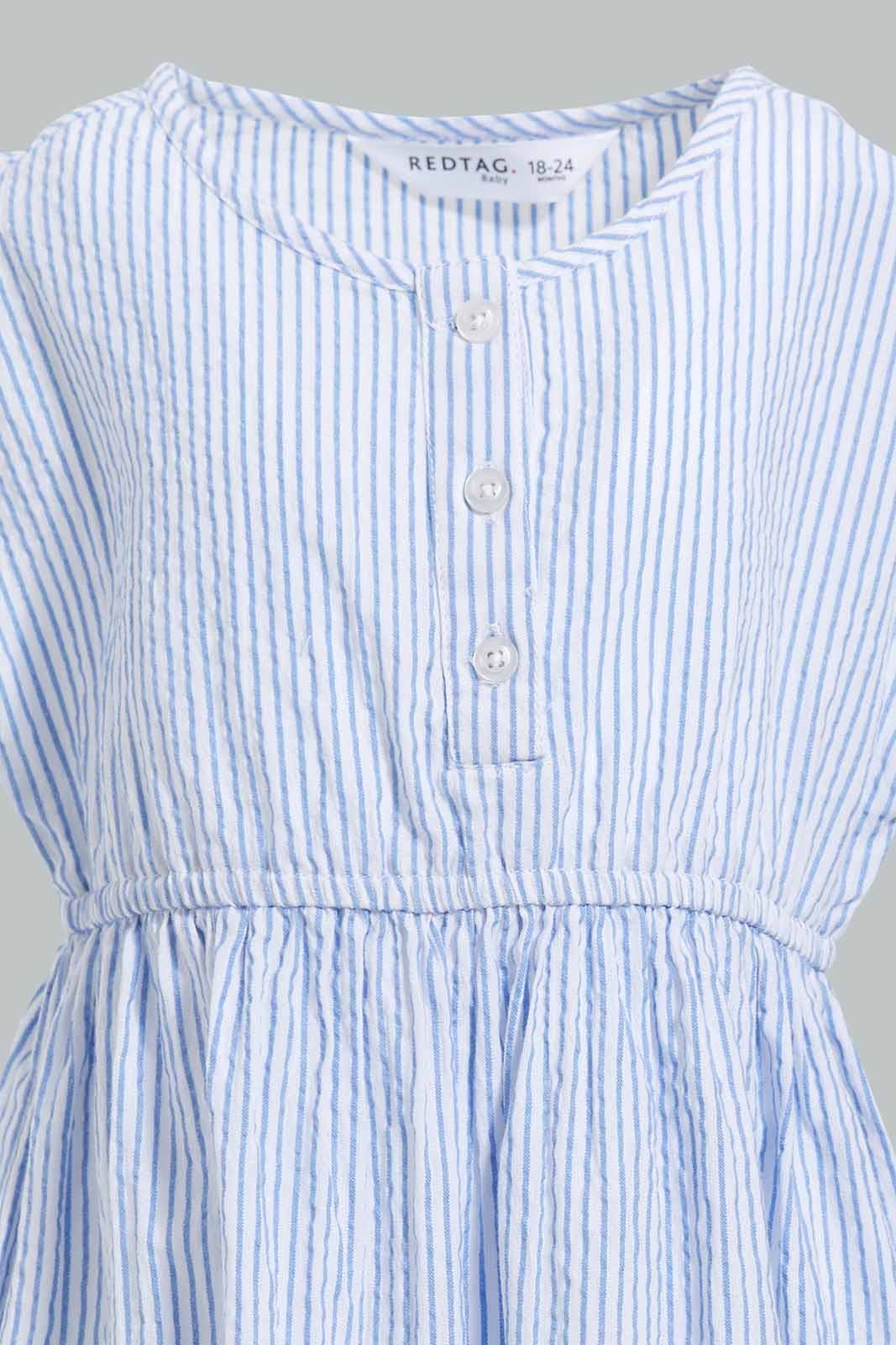 Redtag-Blue-Seesucker-Elasticated-Dress-With-Front-Buttons-Dresses-Infant-Girls-3 to 24 Months