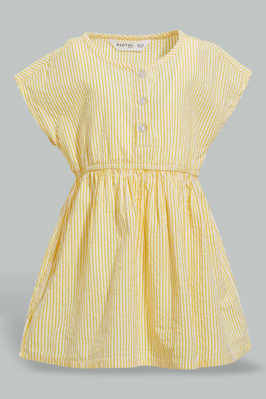 Redtag-Yellow-Seesucker-Elasticated-Dress-With-Front-Buttons-Dresses-Infant-Girls-3 to 24 Months