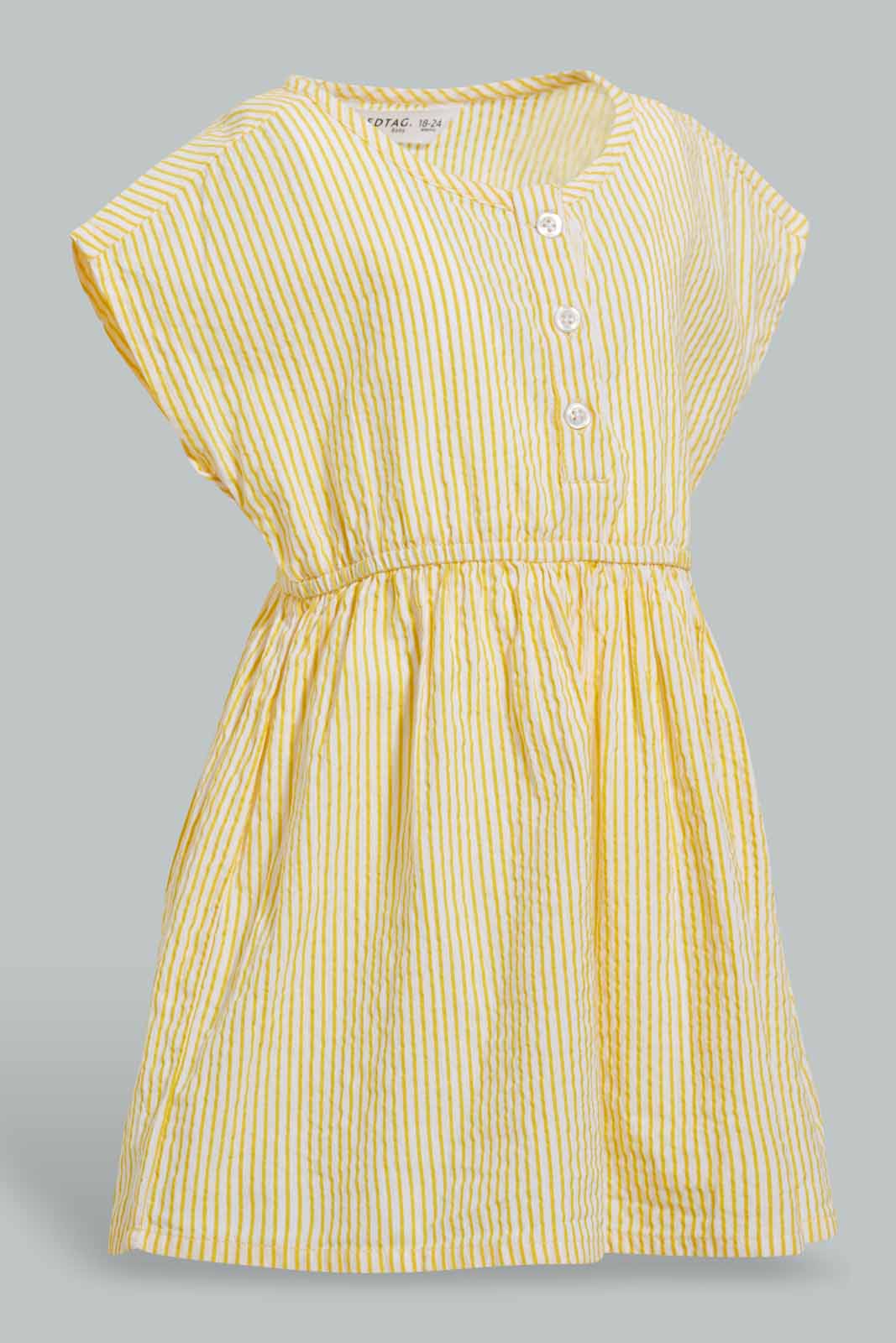 Redtag-Yellow-Seesucker-Elasticated-Dress-With-Front-Buttons-Dresses-Infant-Girls-3 to 24 Months