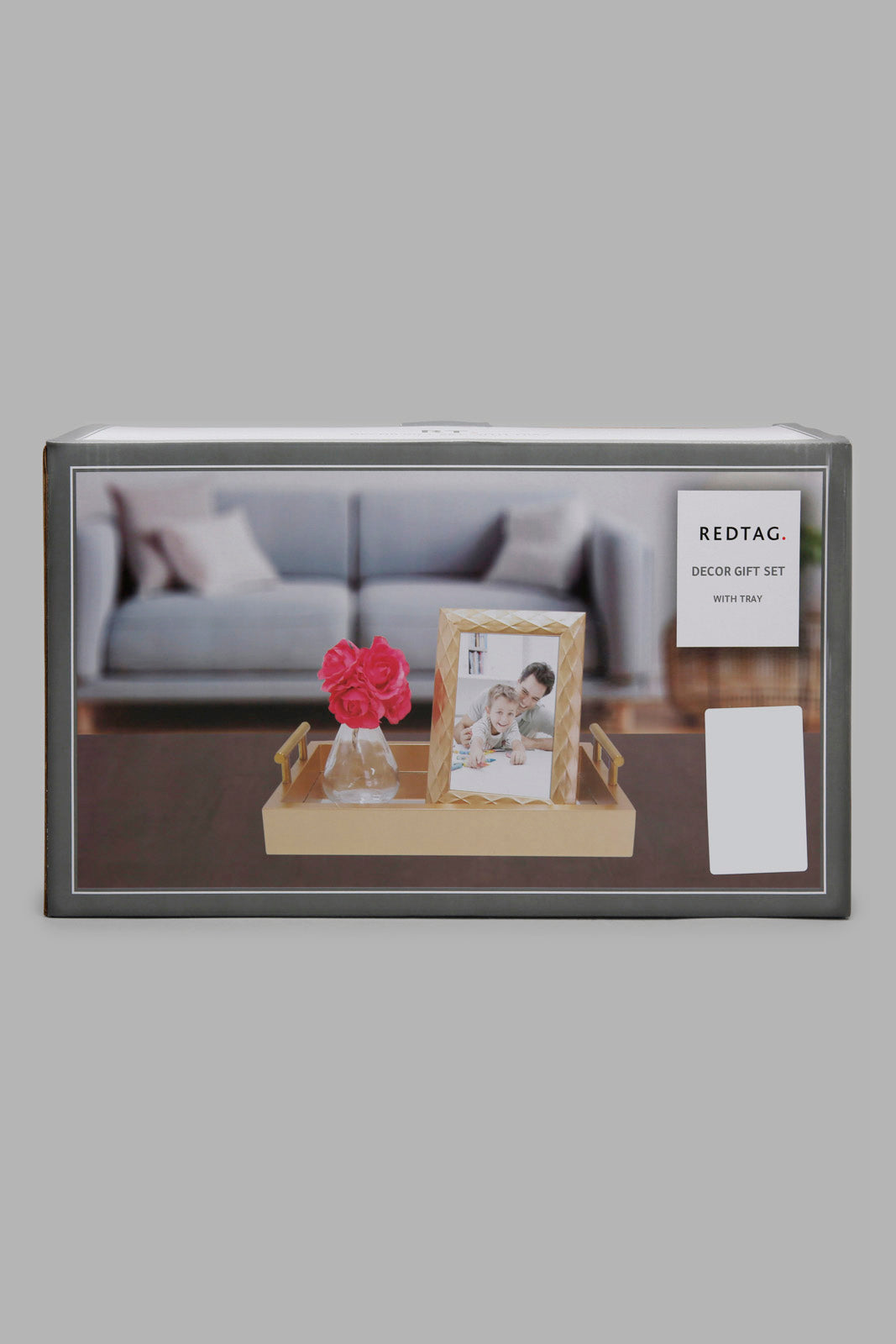 Redtag-Gold-Tray-With-Photo-Frame-And-Glass-Vase-Category:Trays,-Colour:Gold,-Filter:Home-Decor,-HMW-HOM-Decorative-Accessories,-Non-Sale,-S22C,-Section:Homewares-Home-Decor-