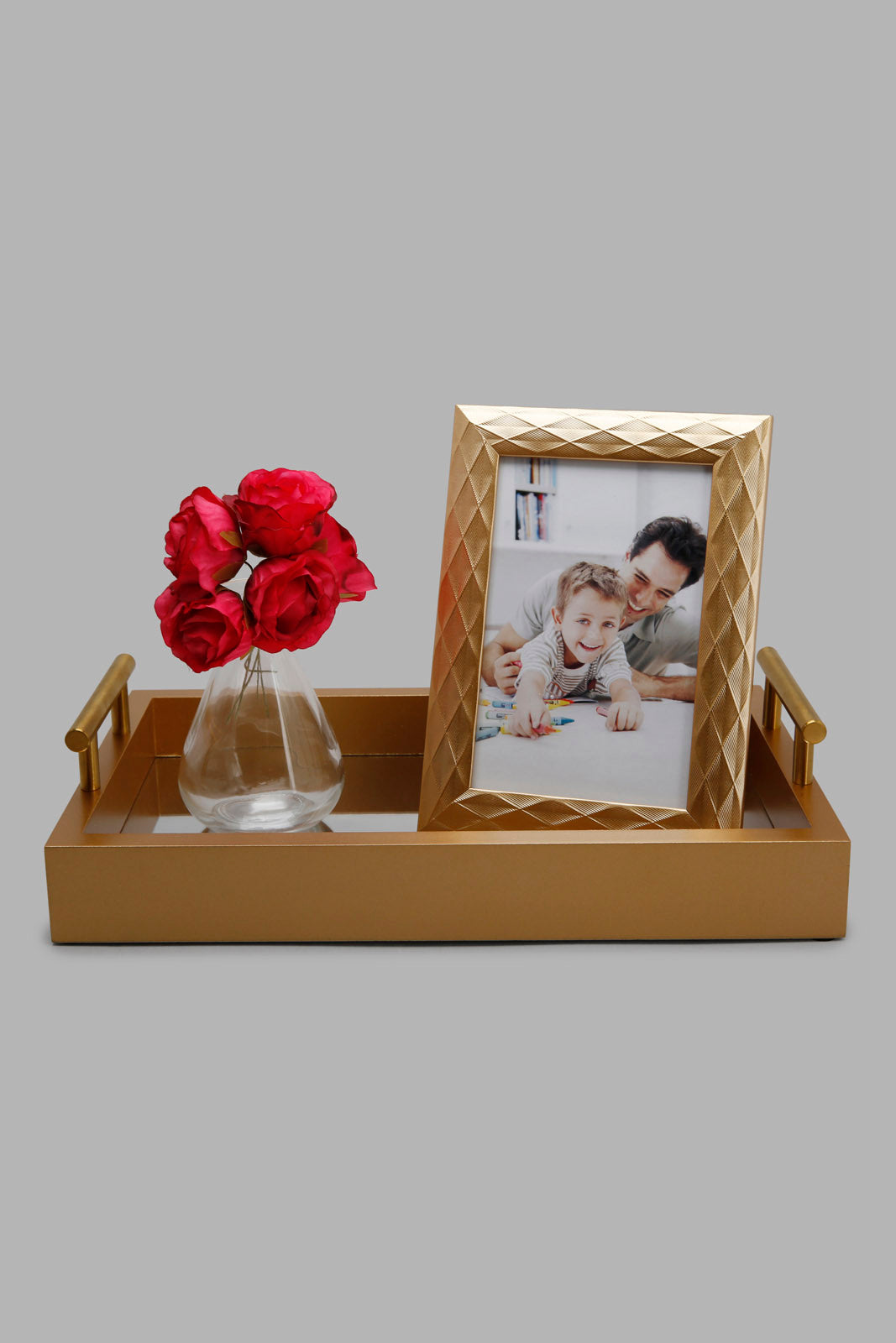 Redtag-Gold-Tray-With-Photo-Frame-And-Glass-Vase-Category:Trays,-Colour:Gold,-Filter:Home-Decor,-HMW-HOM-Decorative-Accessories,-Non-Sale,-S22C,-Section:Homewares-Home-Decor-