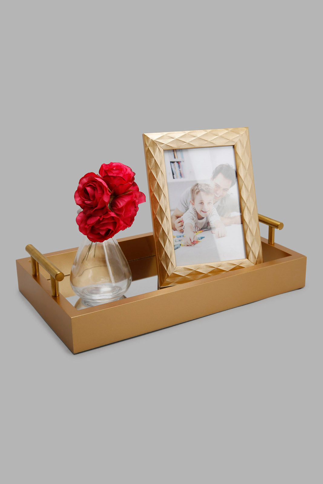 Redtag-Gold-Tray-With-Photo-Frame-And-Glass-Vase-Category:Trays,-Colour:Gold,-Filter:Home-Decor,-HMW-HOM-Decorative-Accessories,-Non-Sale,-S22C,-Section:Homewares-Home-Decor-