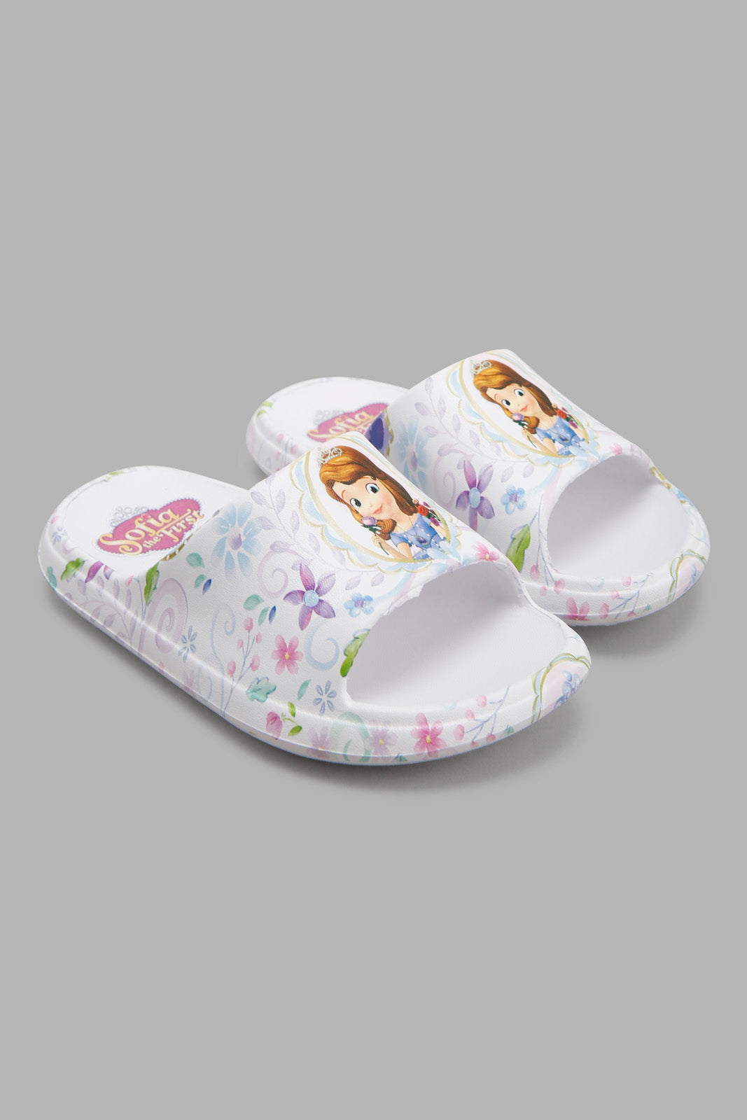 Redtag-White-Sofia-Character-Print-Slide-Category:Flip-Flops,-CHR,-Colour:White,-Filter:Girls-Footwear-(3-to-5-Yrs),-GIR-Flip-Flops,-New-In,-New-In-GIR-FOO,-Non-Sale,-Section:Girls-(0-to-14Yrs),-W22A-Girls-3 to 5 Years