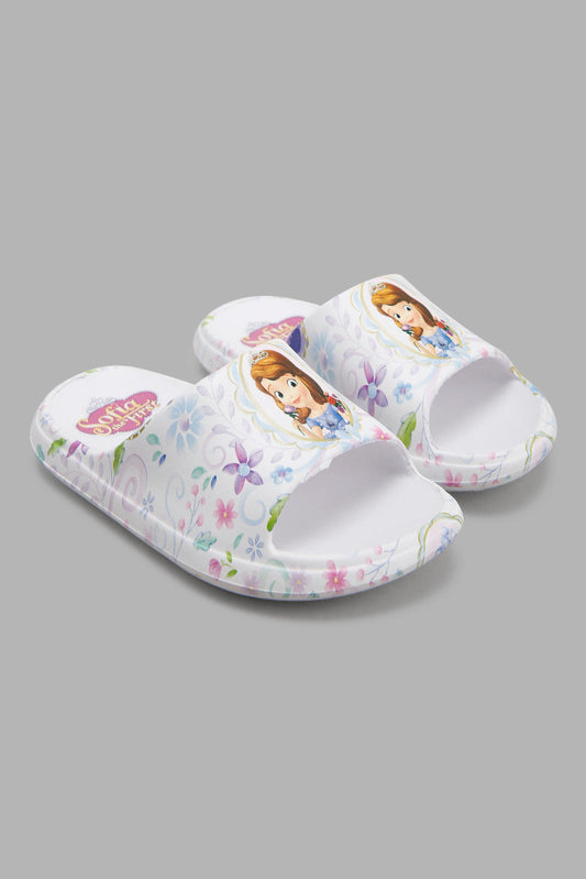 Redtag-White-Sofia-Character-Print-Slide-Category:Flip-Flops,-CHR,-Colour:White,-Filter:Girls-Footwear-(3-to-5-Yrs),-GIR-Flip-Flops,-New-In,-New-In-GIR-FOO,-Non-Sale,-Section:Girls-(0-to-14Yrs),-W22A-Girls-3 to 5 Years