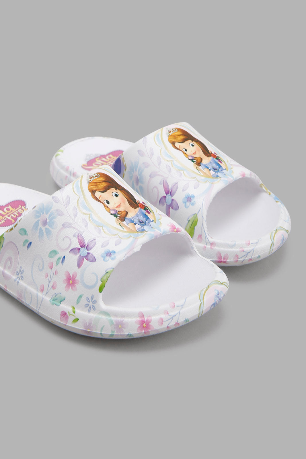 Redtag-White-Sofia-Character-Print-Slide-Category:Flip-Flops,-CHR,-Colour:White,-Filter:Girls-Footwear-(3-to-5-Yrs),-GIR-Flip-Flops,-New-In,-New-In-GIR-FOO,-Non-Sale,-Section:Girls-(0-to-14Yrs),-W22A-Girls-3 to 5 Years