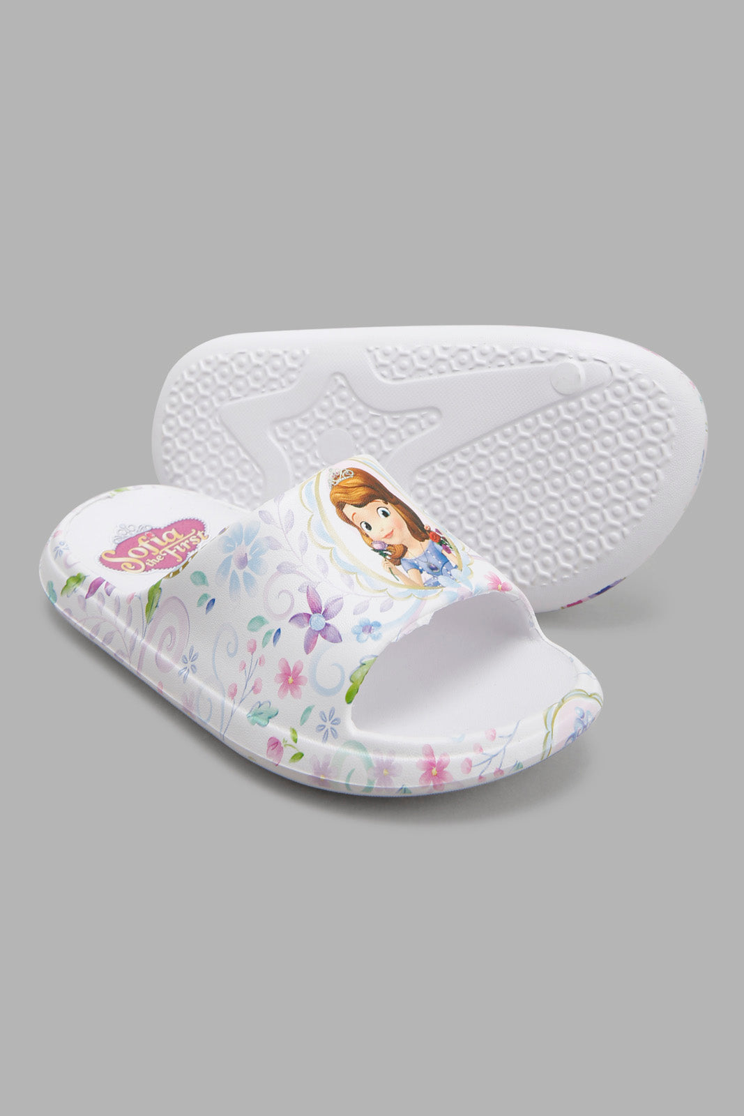Redtag-White-Sofia-Character-Print-Slide-Category:Flip-Flops,-CHR,-Colour:White,-Filter:Girls-Footwear-(3-to-5-Yrs),-GIR-Flip-Flops,-New-In,-New-In-GIR-FOO,-Non-Sale,-Section:Girls-(0-to-14Yrs),-W22A-Girls-3 to 5 Years