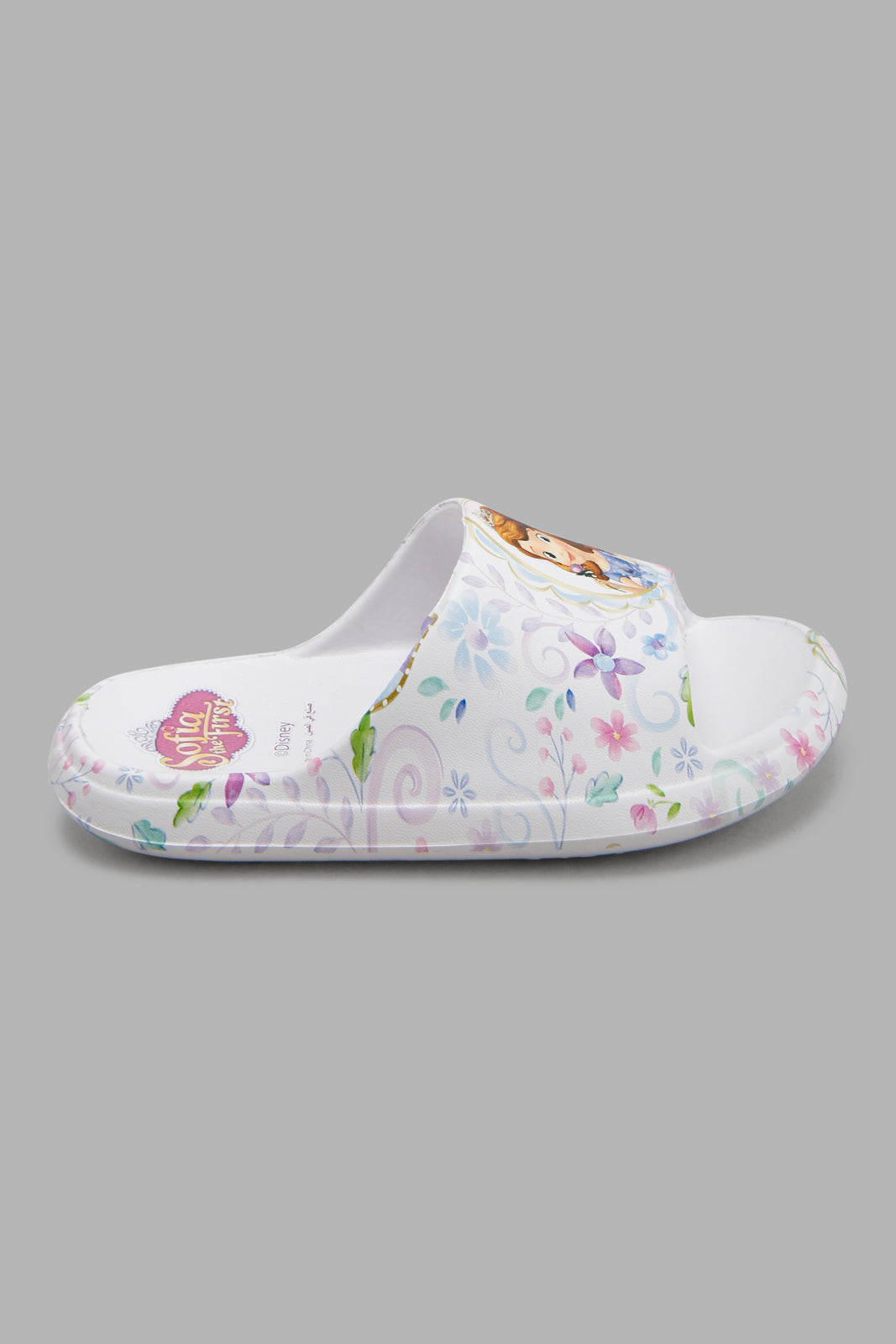 Redtag-White-Sofia-Character-Print-Slide-Category:Flip-Flops,-CHR,-Colour:White,-Filter:Girls-Footwear-(3-to-5-Yrs),-GIR-Flip-Flops,-New-In,-New-In-GIR-FOO,-Non-Sale,-Section:Girls-(0-to-14Yrs),-W22A-Girls-3 to 5 Years