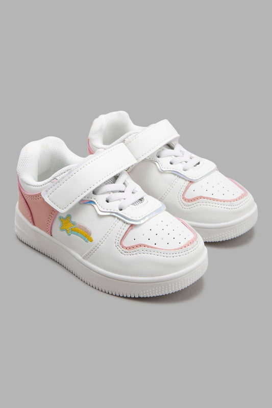 Redtag-White-Lace-Up-Sneaker-Category:Trainers,-Colour:White,-Filter:Girls-Footwear-(3-to-5-Yrs),-GIR-Trainers,-New-In,-New-In-GIR-FOO,-Non-Sale,-Section:Girls-(0-to-14Yrs),-W22A-Girls-3 to 5 Years