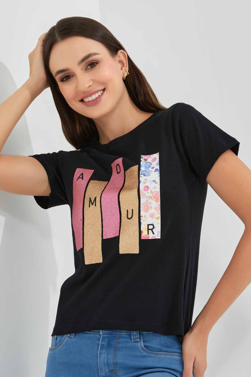 Redtag-Black-Amour-Print-T-Shirt-Category:T-Shirts,-Colour:Black,-Filter:Women's-Clothing,-New-In,-New-In-Women,-Non-Sale,-S22D,-Section:Women,-TBL,-Women-T-Shirts-Women's-
