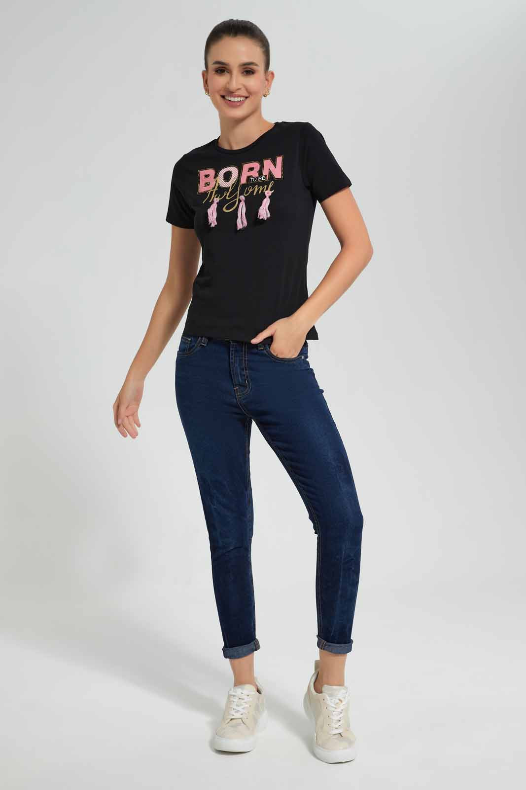 Redtag-Black-Awesome-Embellished-T-Shirt-Category:T-Shirts,-Colour:Black,-Filter:Women's-Clothing,-New-In,-New-In-Women,-Non-Sale,-S22D,-Section:Women,-TBL,-Women-T-Shirts-Women's-