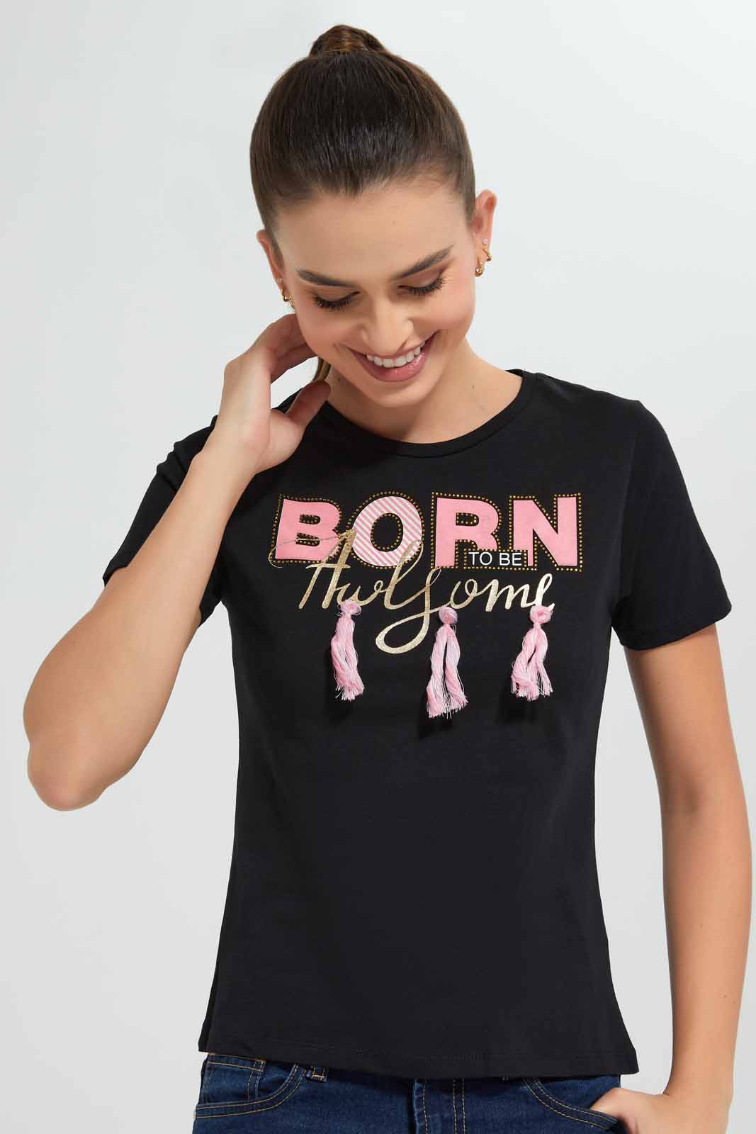 Redtag-Black-Awesome-Embellished-T-Shirt-Category:T-Shirts,-Colour:Black,-Filter:Women's-Clothing,-New-In,-New-In-Women,-Non-Sale,-S22D,-Section:Women,-TBL,-Women-T-Shirts-Women's-