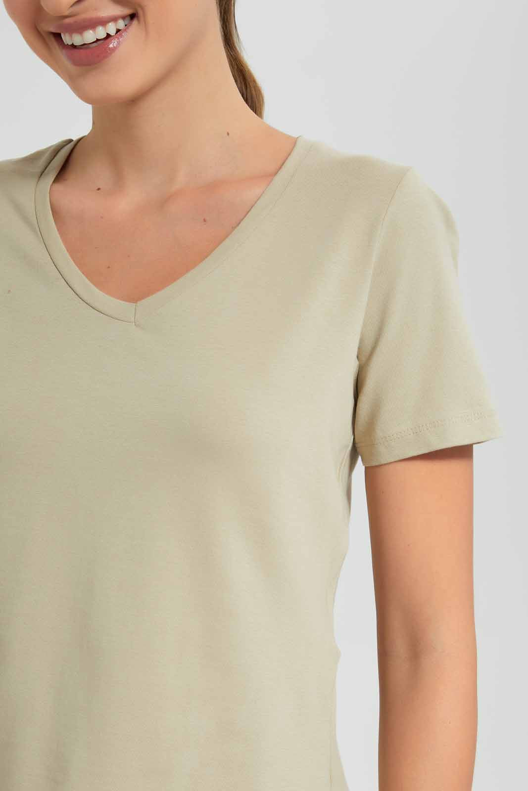Redtag-Olive-V-Neck-T-Shirt-Category:T-Shirts,-Colour:Green,-Filter:Women's-Clothing,-New-In,-New-In-Women,-Non-Sale,-S22D,-Section:Women,-TBL,-Women-T-Shirts-Women's-