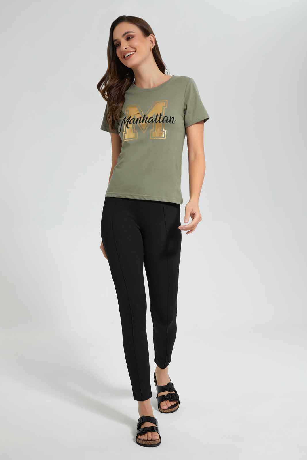 Redtag-Olive-Manhattan-Print-T-Shirt-Category:T-Shirts,-Colour:Dark-Green,-Filter:Women's-Clothing,-New-In,-New-In-Women,-Non-Sale,-S22D,-Section:Women,-TBL,-Women-T-Shirts-Women's-