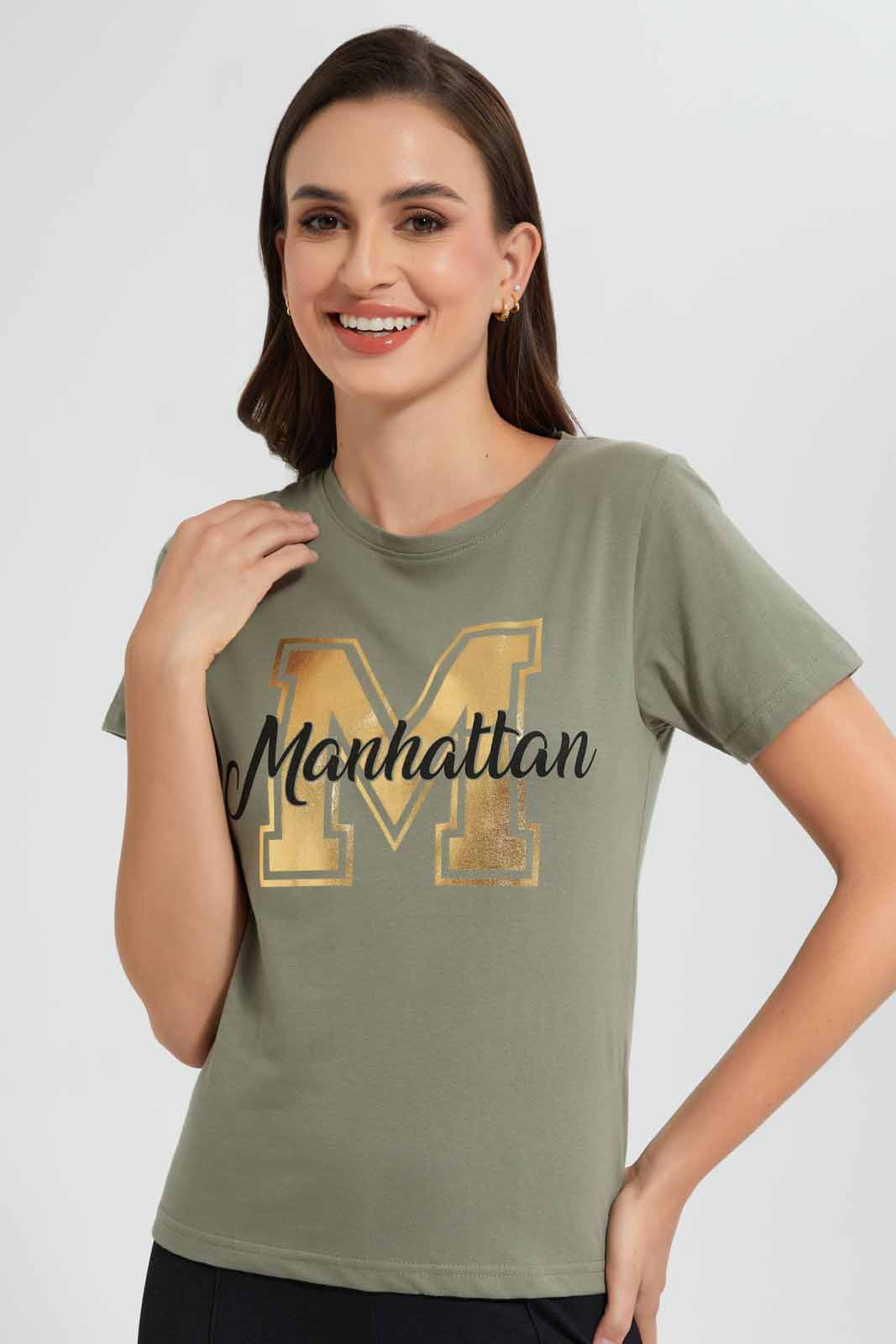 Redtag-Olive-Manhattan-Print-T-Shirt-Category:T-Shirts,-Colour:Dark-Green,-Filter:Women's-Clothing,-New-In,-New-In-Women,-Non-Sale,-S22D,-Section:Women,-TBL,-Women-T-Shirts-Women's-