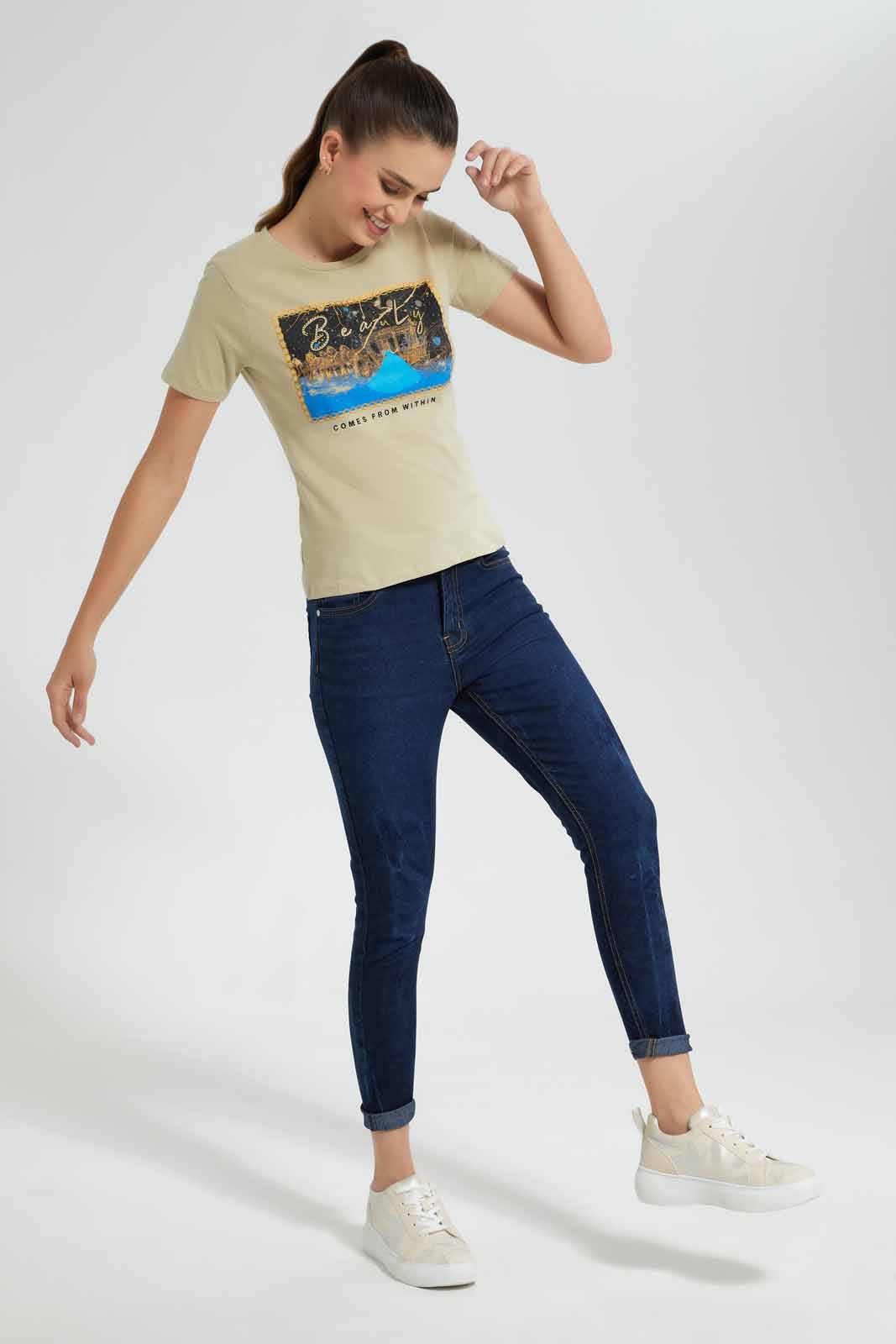 Redtag-Olive-Beauty-Embellished-T-Shirt-Category:T-Shirts,-Colour:Dark-Green,-Filter:Women's-Clothing,-New-In,-New-In-Women,-Non-Sale,-S22D,-Section:Women,-TBL,-Women-T-Shirts-Women's-