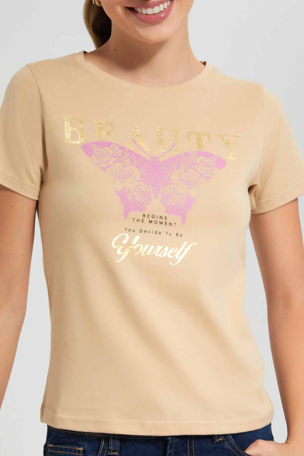 Redtag-Blush-Butterfly-Print-T--Shirt-Category:T-Shirts,-Colour:Pink,-Filter:Women's-Clothing,-New-In,-New-In-Women,-Non-Sale,-S22D,-Section:Women,-TBL,-Women-T-Shirts-Women's-