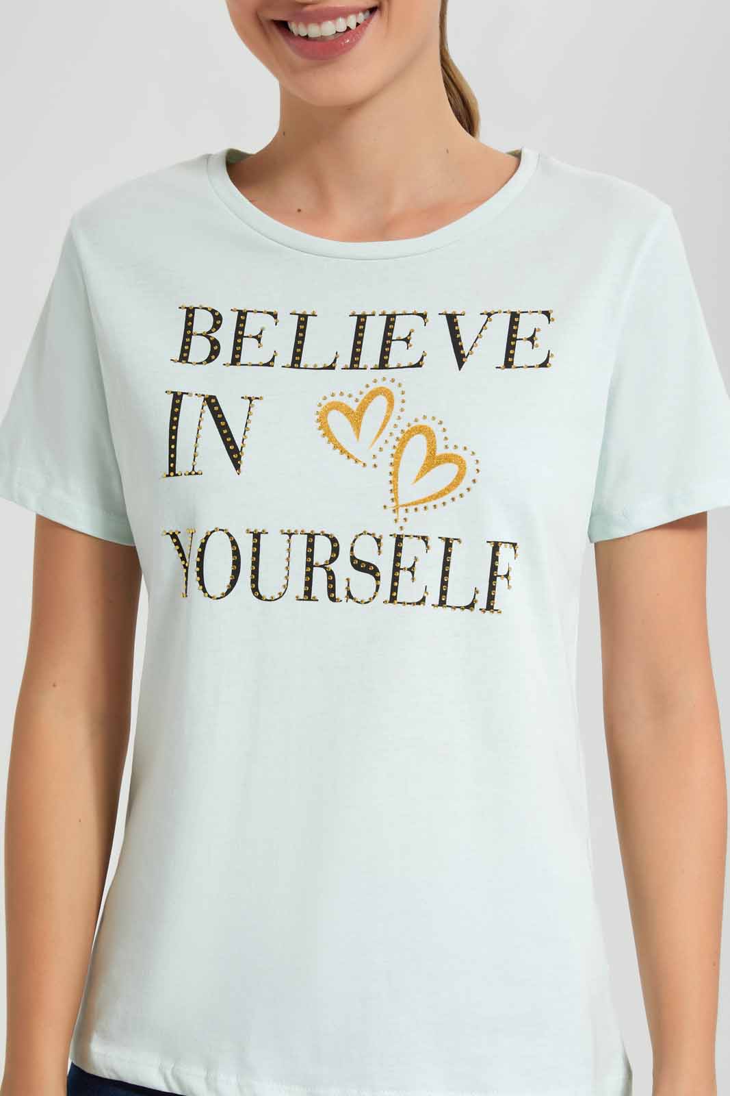 Redtag-Mint-Believe-In-Yourself-Embellished-T-Shirt-Category:T-Shirts,-Colour:Mint,-Filter:Women's-Clothing,-New-In,-New-In-Women,-Non-Sale,-S22D,-Section:Women,-TBL,-Women-T-Shirts-Women's-