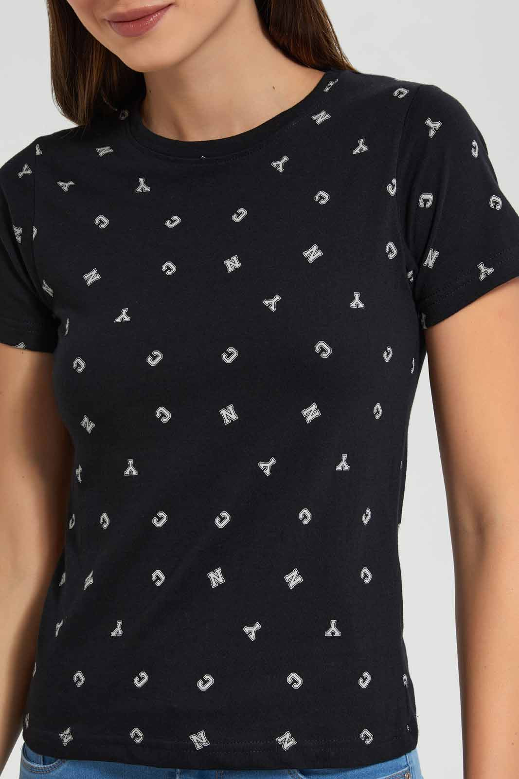 Redtag-Black-Nyc-Allover-Print-T-Shirt-Category:T-Shirts,-Colour:Black,-Filter:Women's-Clothing,-New-In,-New-In-Women,-Non-Sale,-S22D,-Section:Women,-TBL,-Women-T-Shirts-Women's-