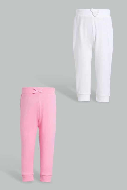 Redtag-Assorted-Dark-Pink-&-White-Solid-2Pcs-Pack-Active-Pant-Joggers-Infant-Girls-3 to 24 Months