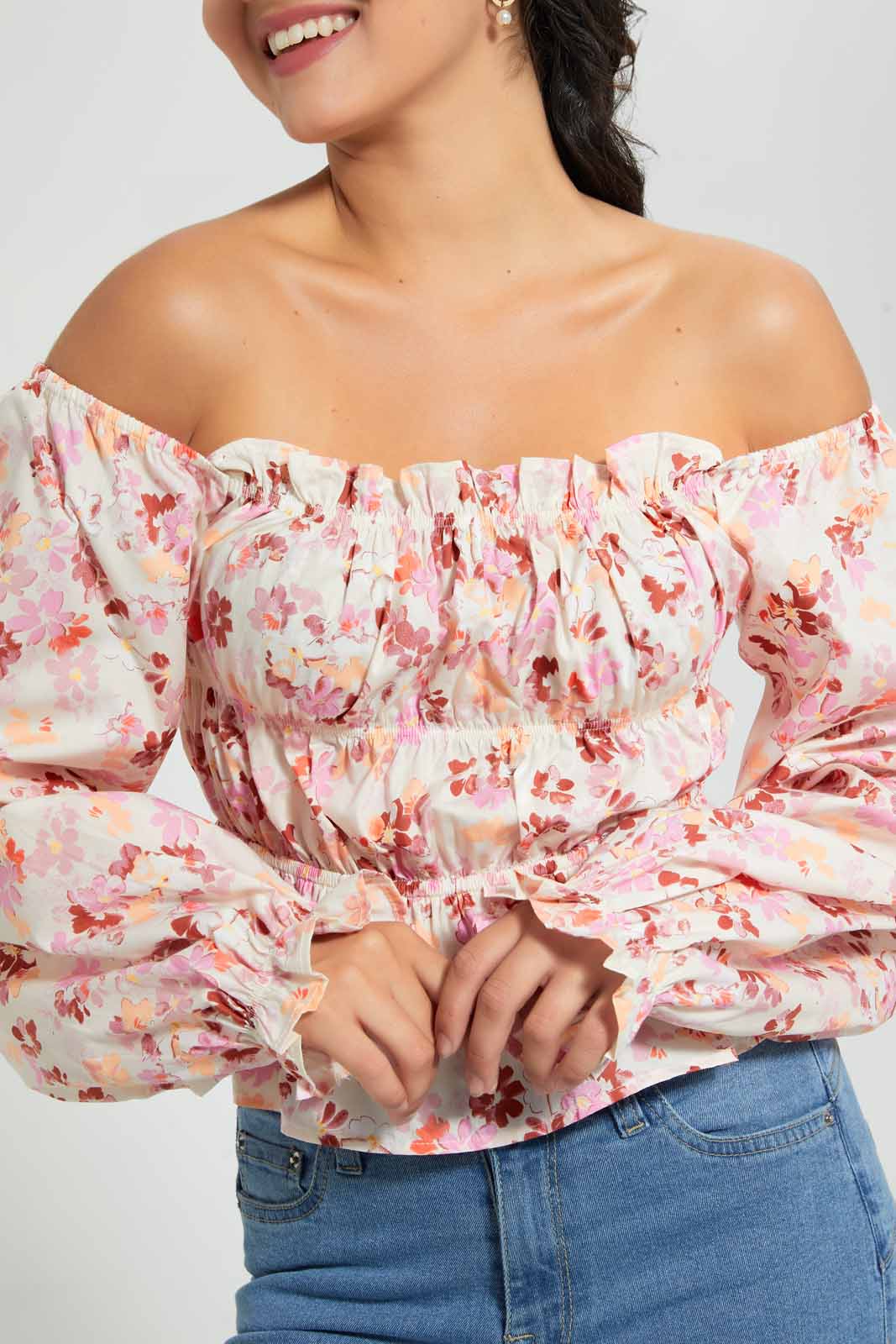Redtag-Pink-Floral-Printed-Smocked-Body-Blouse-Blouses-Women's-