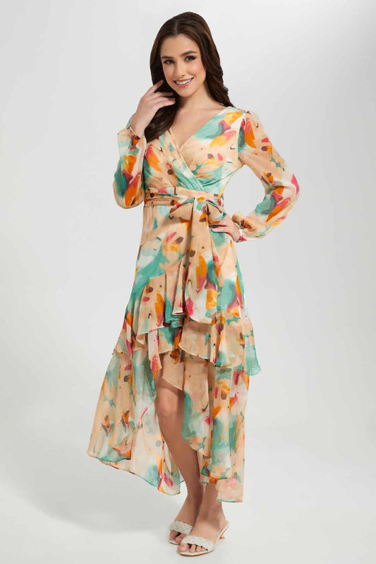 Redtag-Assorted-Printed-Wrap-Hi-Low-Ruffled-Dress-Category:Dresses,-Colour:Assorted,-Deals:New-In,-Filter:Women's-Clothing,-New-In-Women-APL,-Non-Sale,-S22C,-Section:Women,-Women-Dresses-Women's-