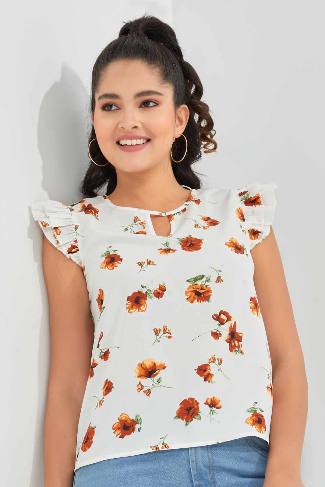 Redtag-Assorted-Printed-Ruffle-Sleeve-Keyhole-Neck-Blouse-Blouses-Women's-
