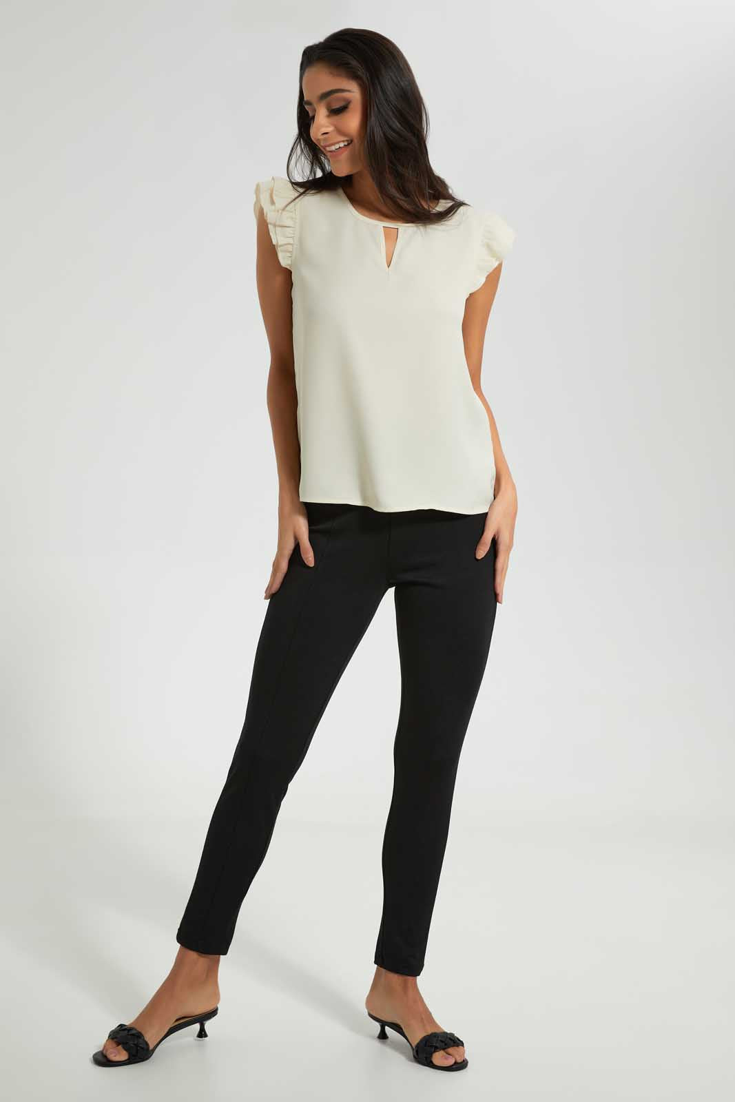 Redtag-Beige-Ruffle-Sleeve-Keyhole-Neck-Blouse-Blouses-Women's-