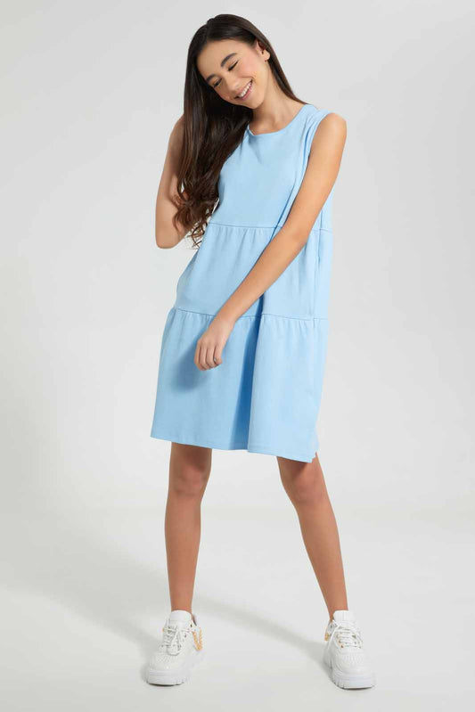 Redtag-Light-Blue-Tiered-Knitted-Dress-Dresses-Senior-Girls-9 to 14 Years