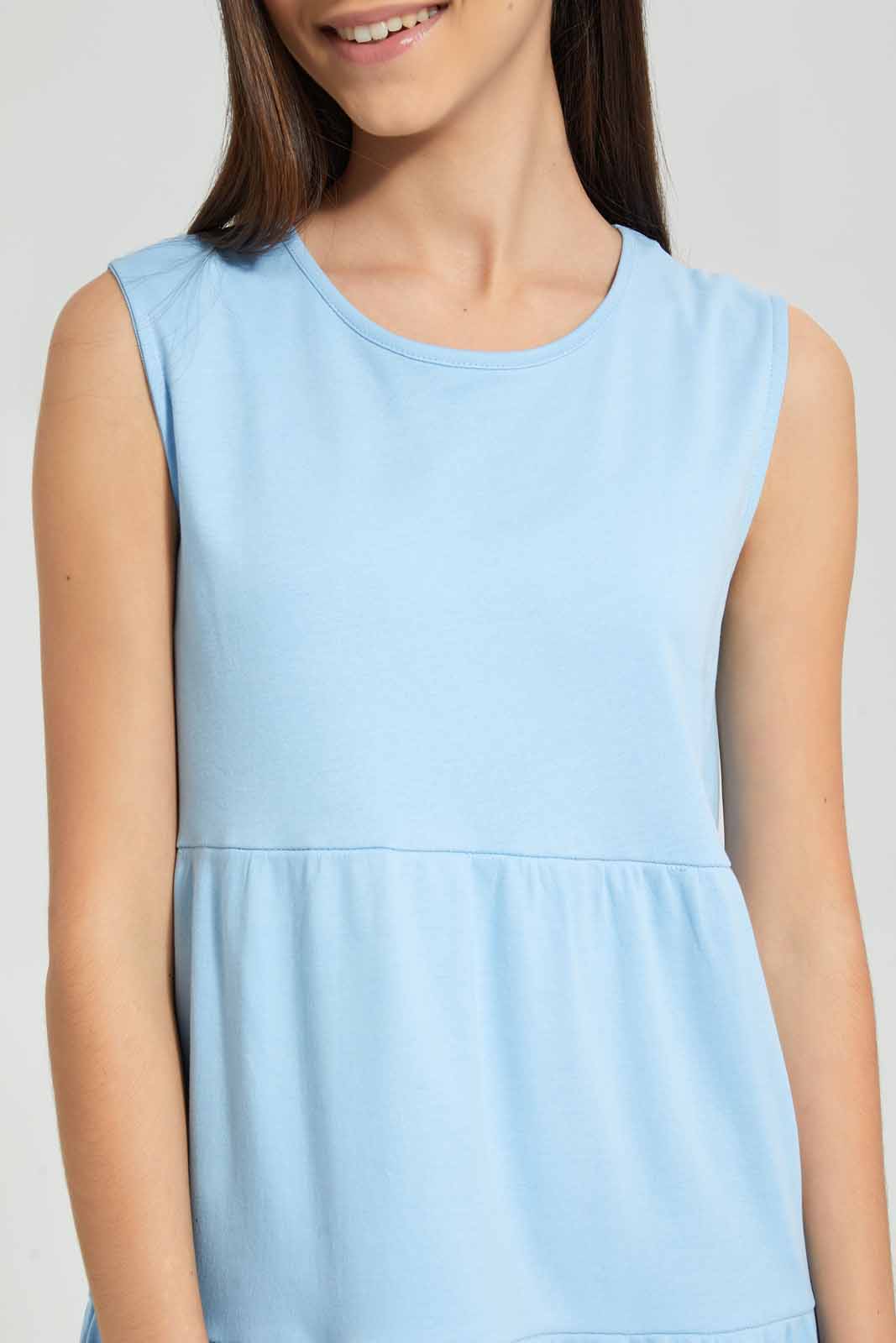 Redtag-Light-Blue-Tiered-Knitted-Dress-Dresses-Senior-Girls-9 to 14 Years