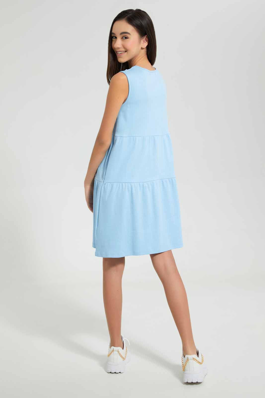 Redtag-Light-Blue-Tiered-Knitted-Dress-Dresses-Senior-Girls-9 to 14 Years