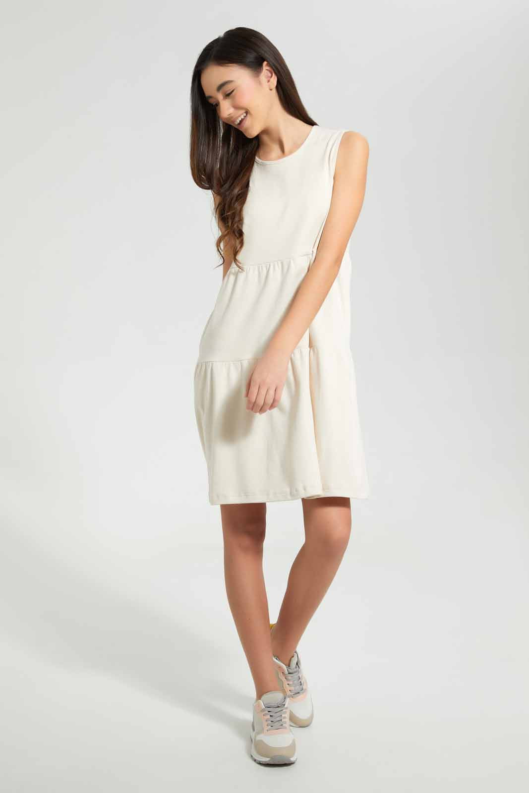 Redtag-Biege-Tiered-Knitted-Dress-Dresses-Senior-Girls-9 to 14 Years
