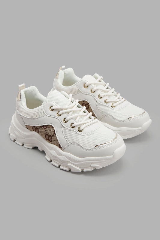 White And Brown Lace-Up Chunky Trainer