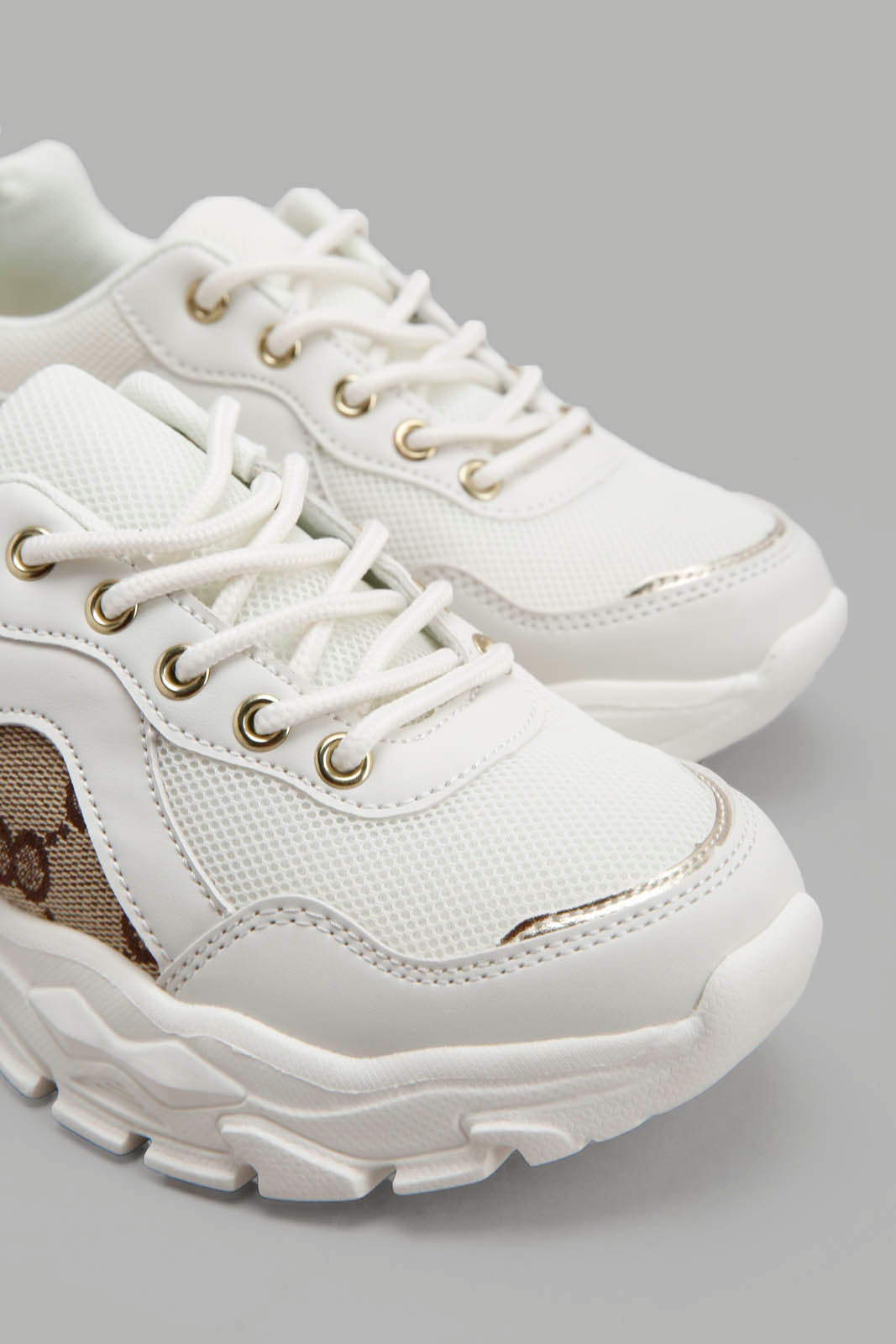 White And Brown Lace-Up Chunky Trainer