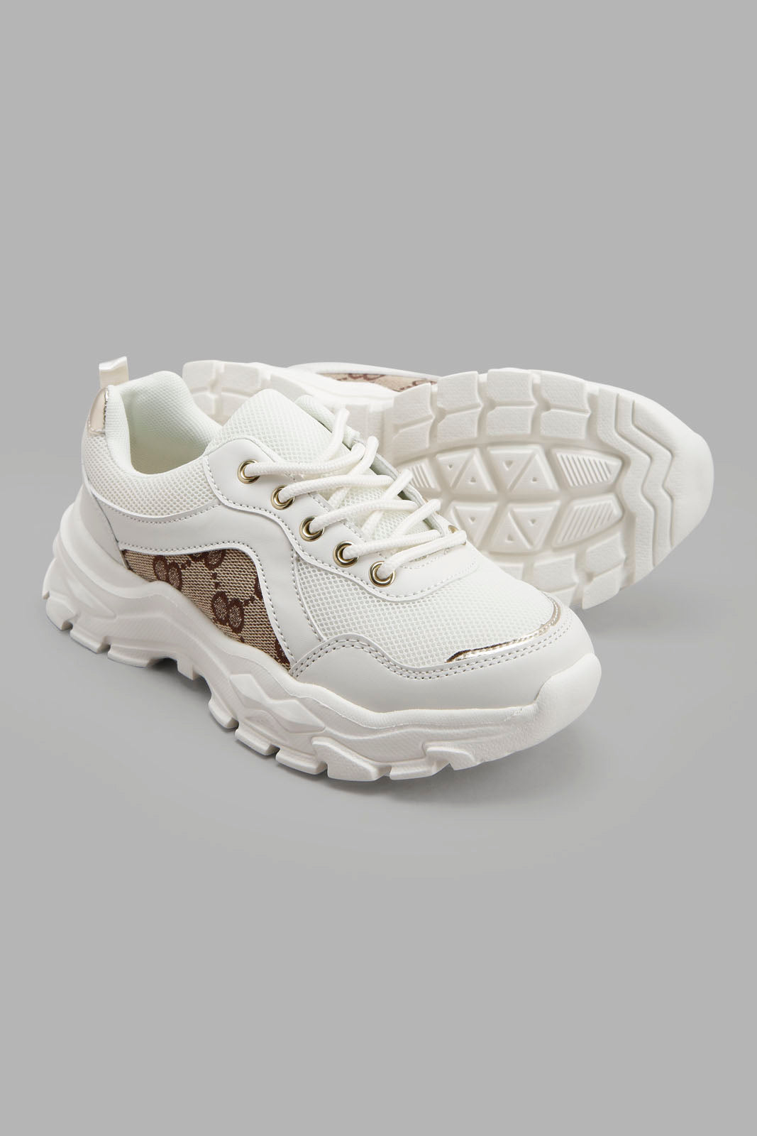 White And Brown Lace-Up Chunky Trainer