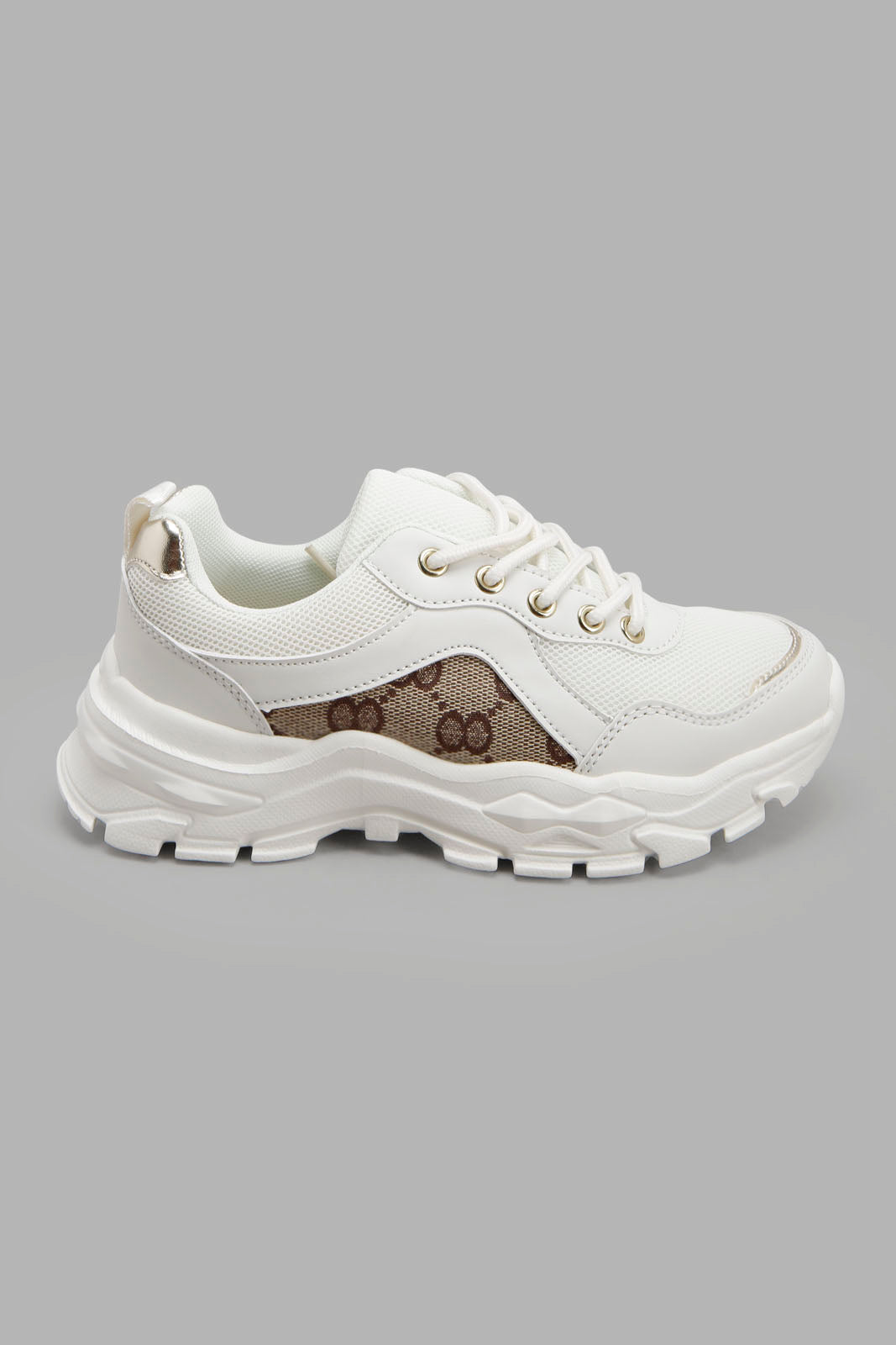 White And Brown Lace-Up Chunky Trainer