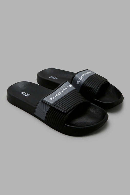 Redtag-Black-Stripe-Embossed-Slide-Category:Flip-Flops,-Colour:Black,-Filter:Men's-Footwear,-Men-Flip-Flops,-New-In,-New-In-Men-FOO,-Non-Sale,-Section:Men,-W22O-Men's-
