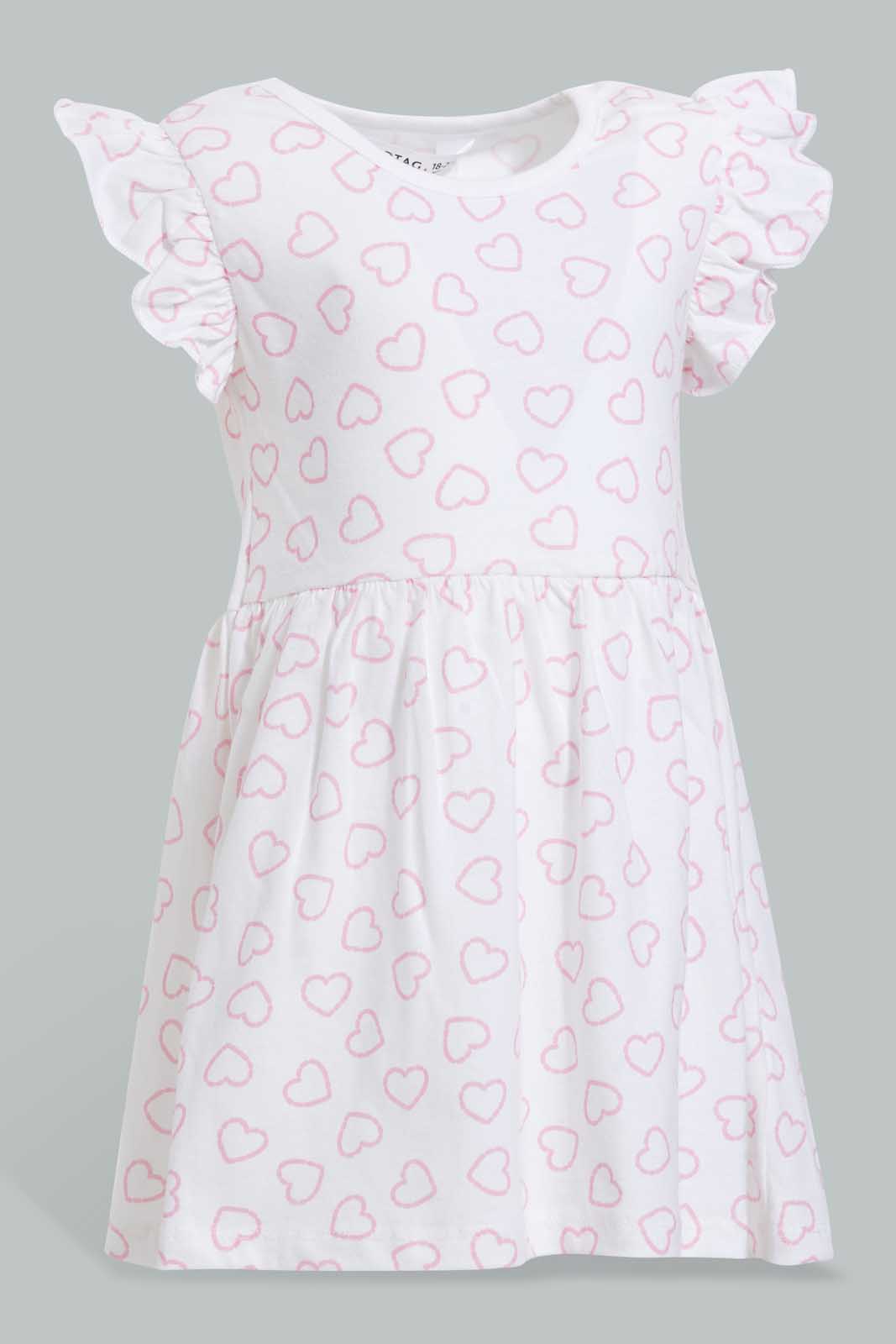 Redtag-White-Printed-/-Solid-Fuchsia-2Pc-Pack-Knit-Dress-Dresses-Infant-Girls-3 to 24 Months