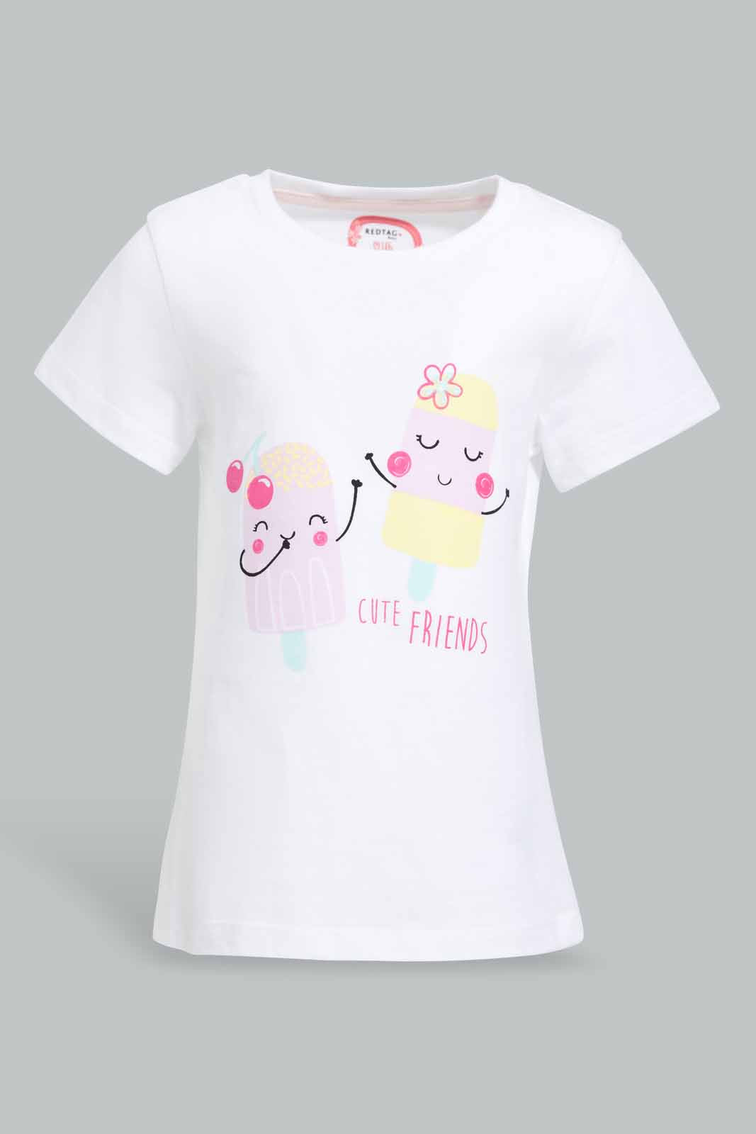 Redtag-White-Cute-Friends-Printed-T-Shirt-Category:T-Shirts,-CHR,-Colour:White,-Filter:Infant-Girls-(3-to-24-Mths),-ING-T-Shirts,-New-In,-New-In-ING-APL,-Non-Sale,-S22B,-Section:Kidswear,-TBL-Infant-Girls-