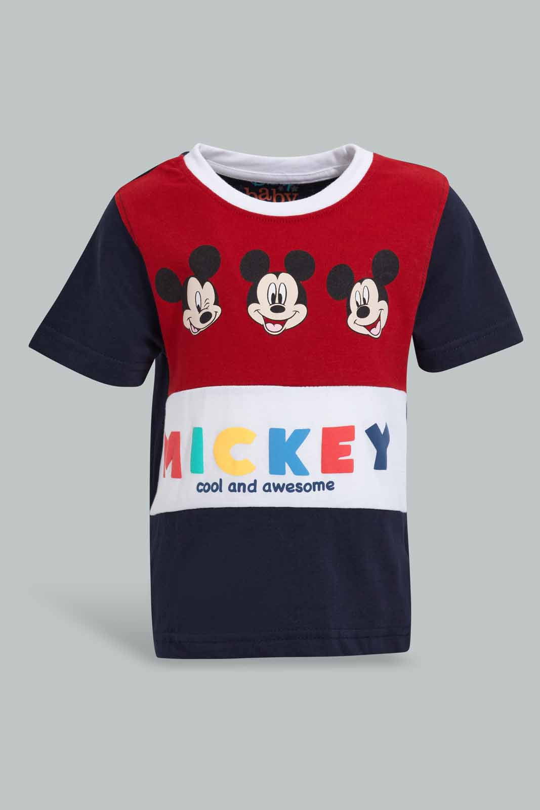 Redtag-Red-And-Navy-Color-Block-Mickey-Mouse-Graphic-T-Shirts-Infant-Boys-3 to 24 Months