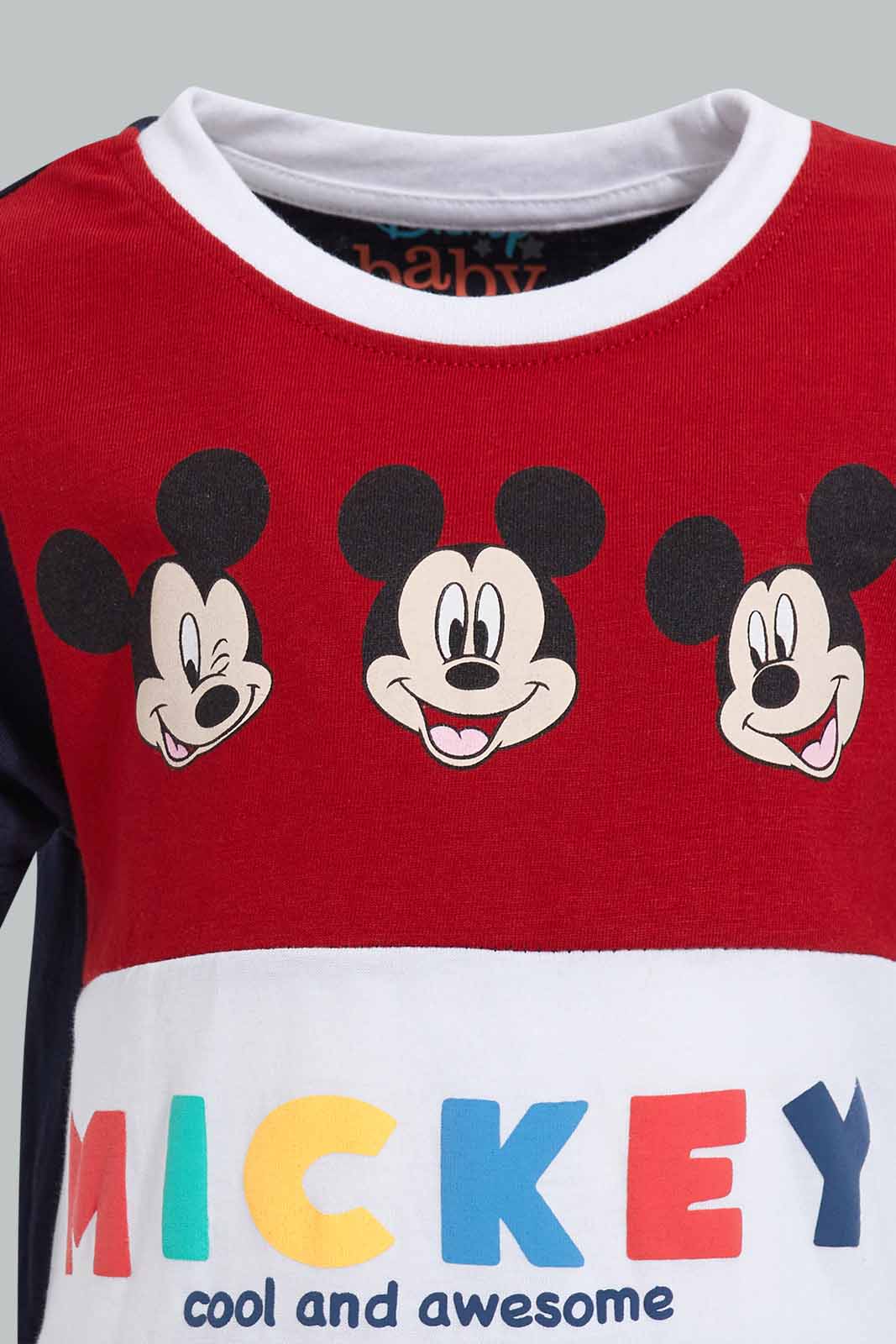 Redtag-Red-And-Navy-Color-Block-Mickey-Mouse-Graphic-T-Shirts-Infant-Boys-3 to 24 Months