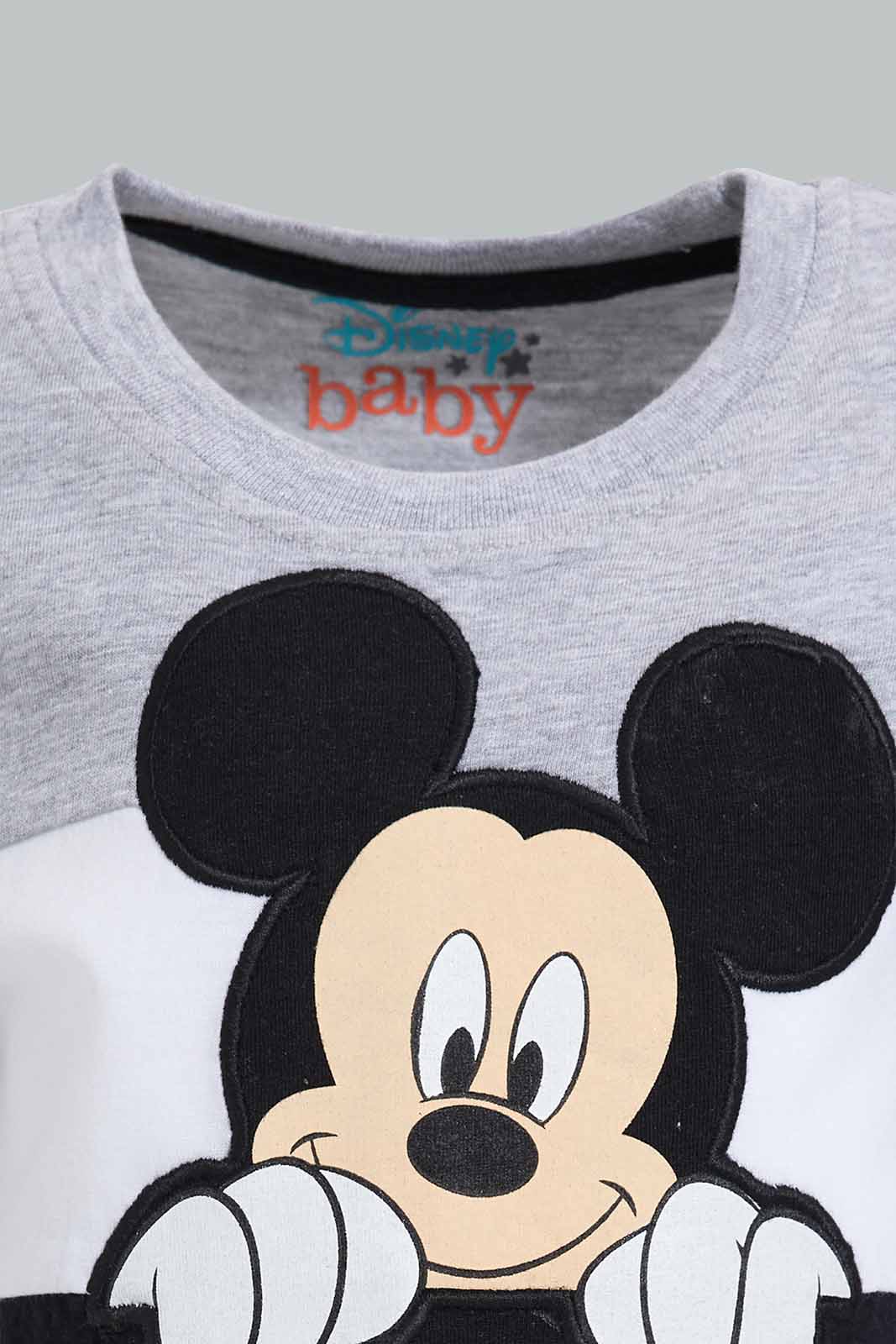 Redtag-Grey-And-Black-Color-Block-Mickey-Mouse-Graphic-T-Shirts-Infant-Boys-3 to 24 Months