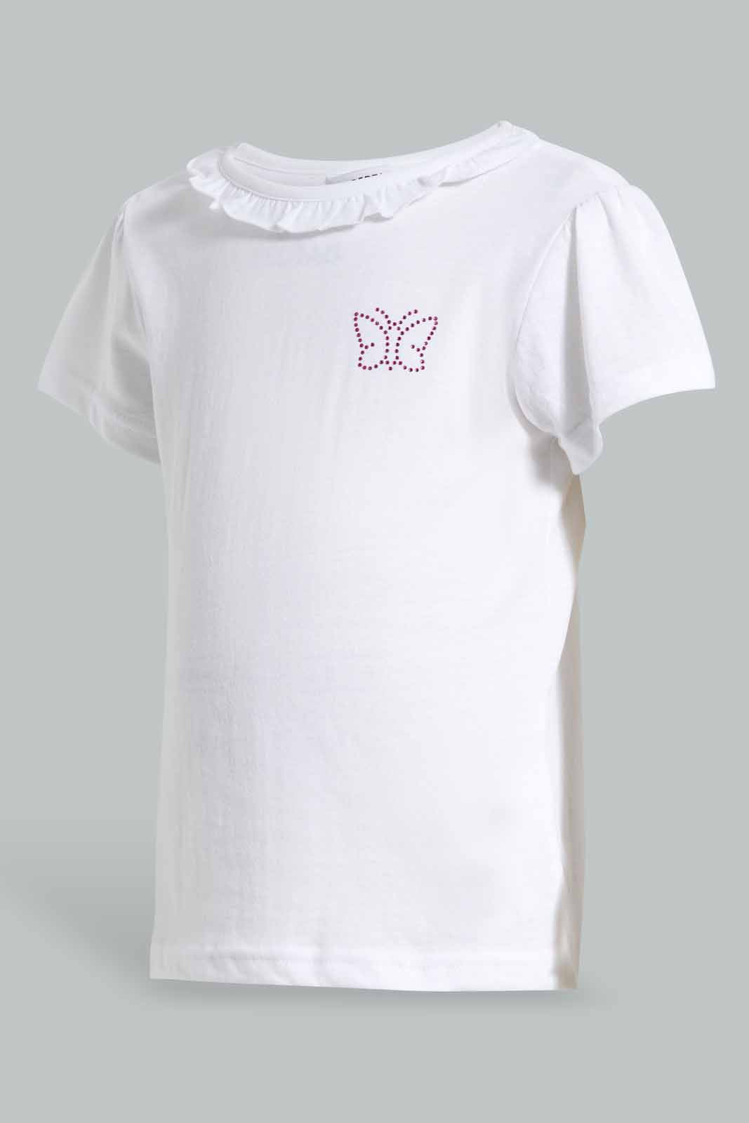 Redtag-White-S/Sleeve-T-Shirt-With-Ruffles-At-Neck-Graphic-T-Shirts-Girls-2 to 8 Years