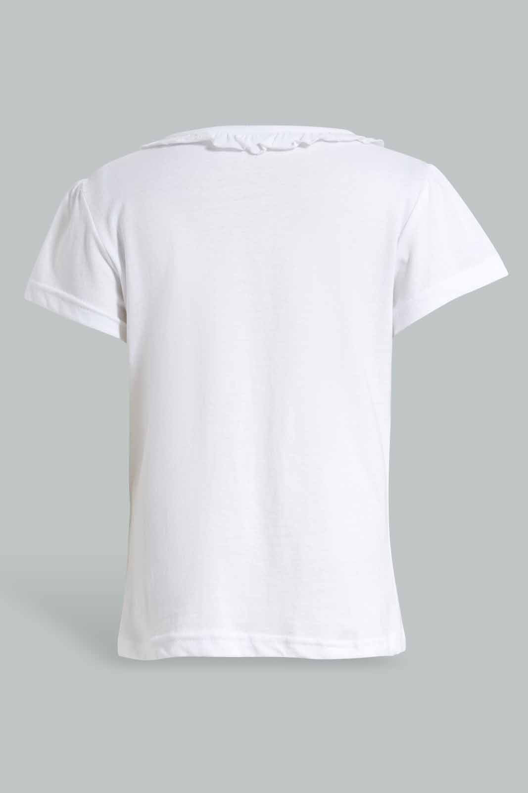 Redtag-White-S/Sleeve-T-Shirt-With-Ruffles-At-Neck-Graphic-T-Shirts-Girls-2 to 8 Years