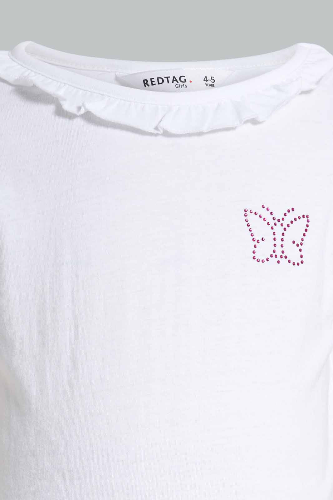 Redtag-White-S/Sleeve-T-Shirt-With-Ruffles-At-Neck-Graphic-T-Shirts-Girls-2 to 8 Years